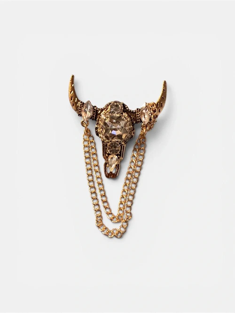 Gold Bull Skull Chain Brooch with Crystal Accents
